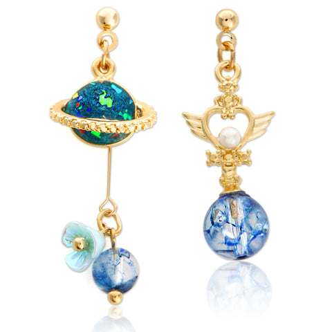 Planet and Star Mismatched Drop Earrings