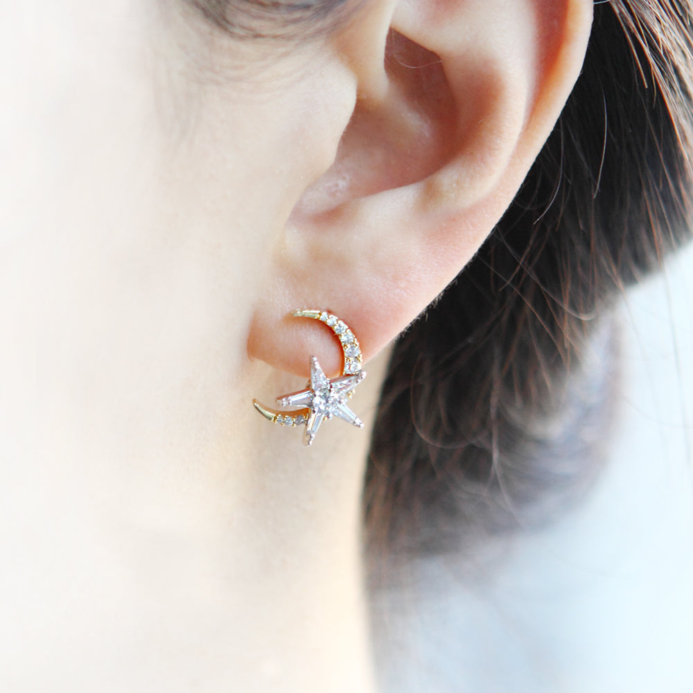 14K Gold Plated Two-Tone CZ Crescent Moon and Star Earrings for Women