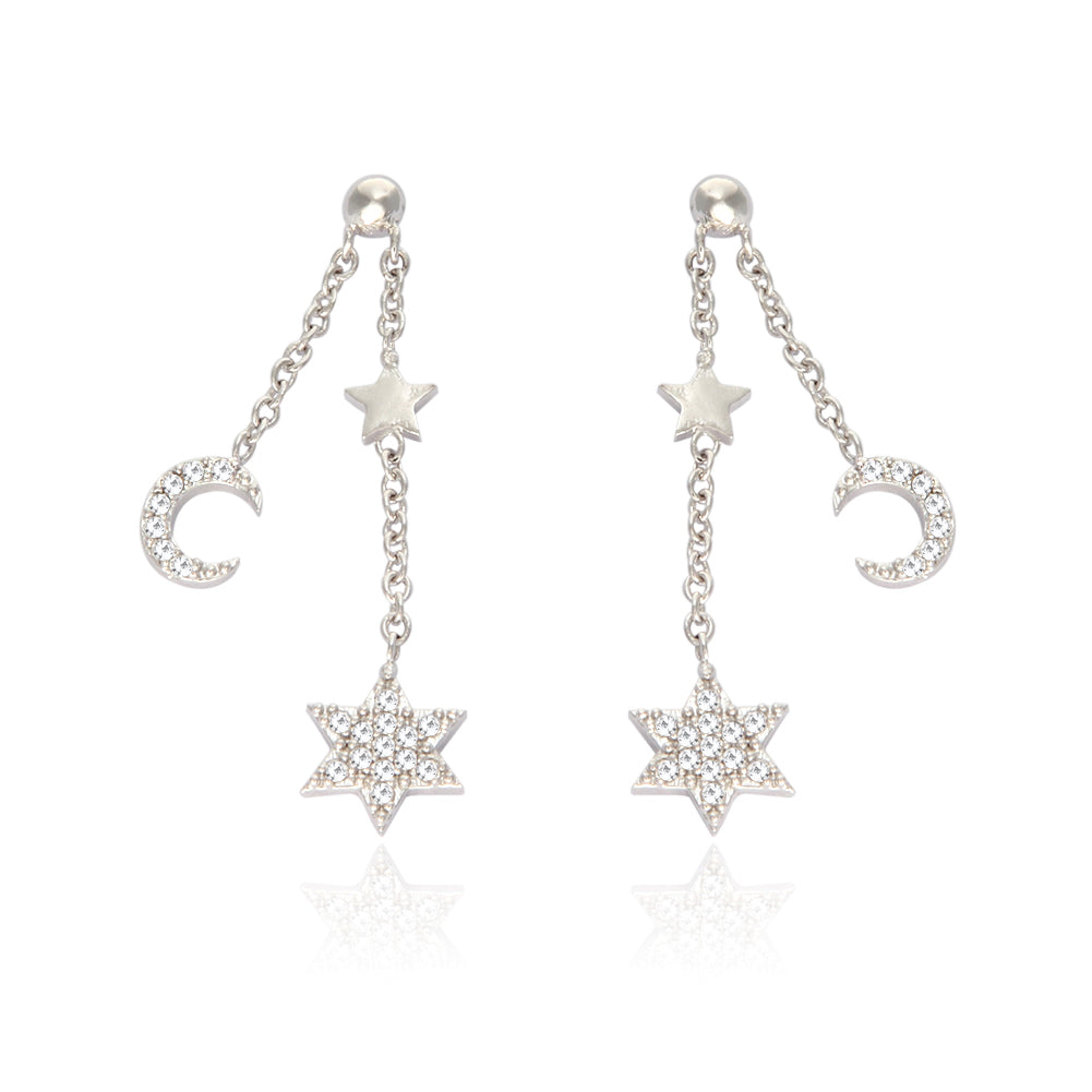Tiny CZ Stars and Crescent Moon Chain Drop Ball Earrings