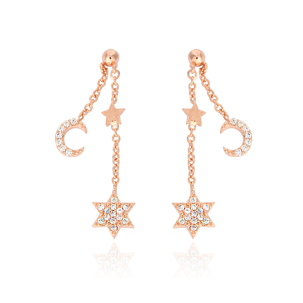 Tiny CZ Stars and Crescent Moon Chain Drop Ball Earrings