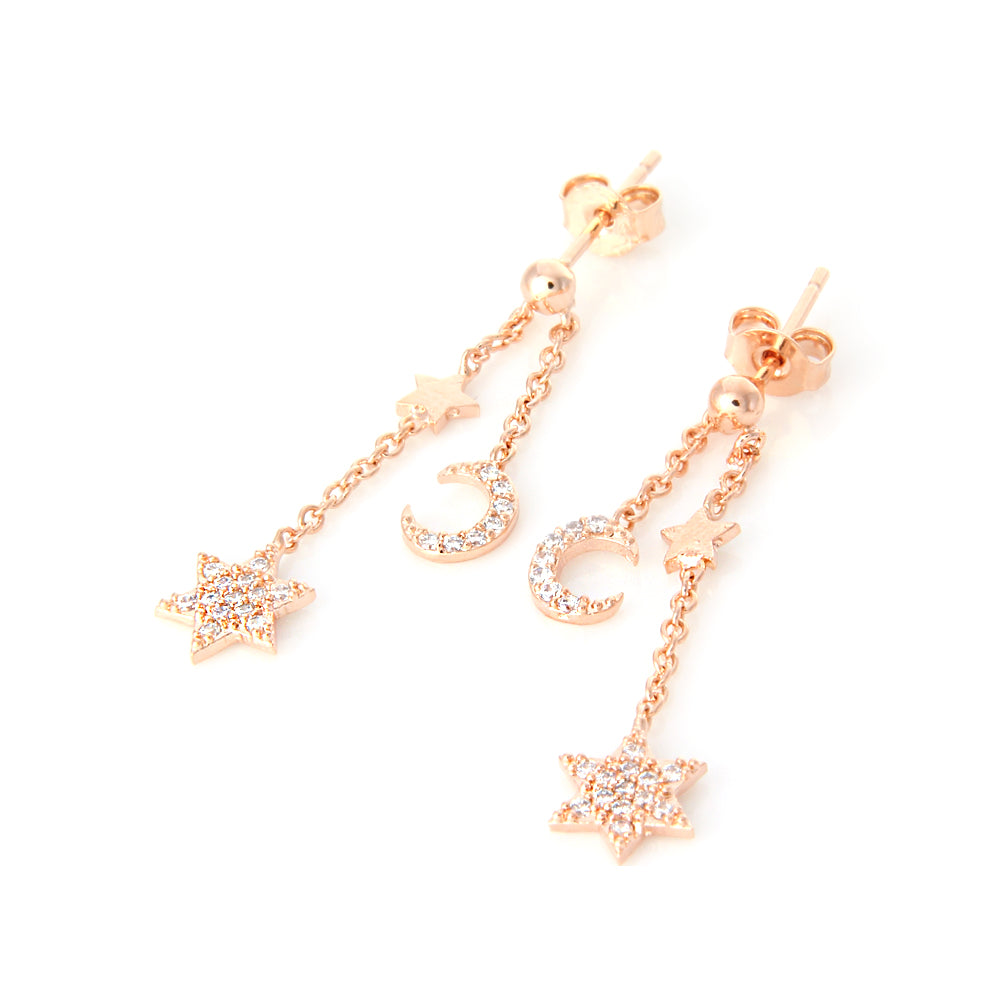 Tiny CZ Stars and Crescent Moon Chain Drop Ball Earrings