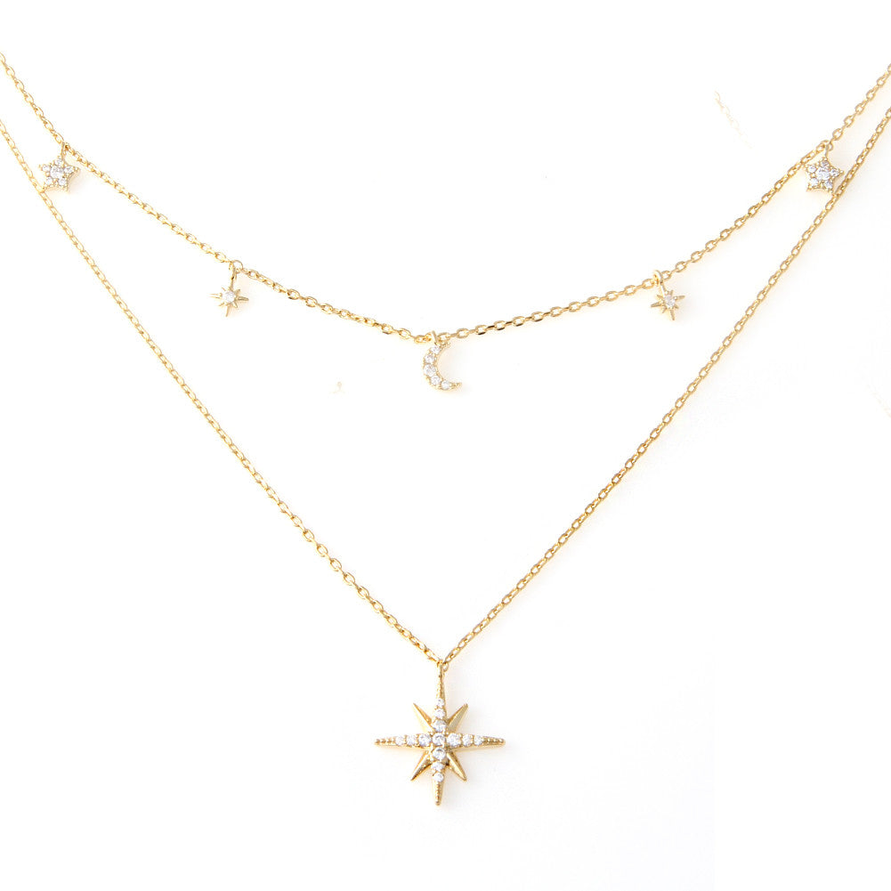 CZ Crescent Moon and Stars Layered Necklace Plated Brass