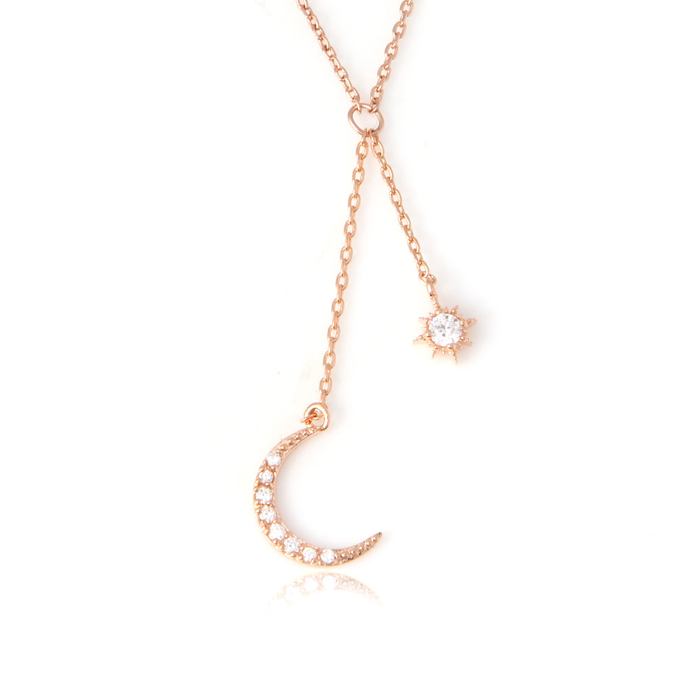 CZ Crescent Moon and Star Drop Necklace