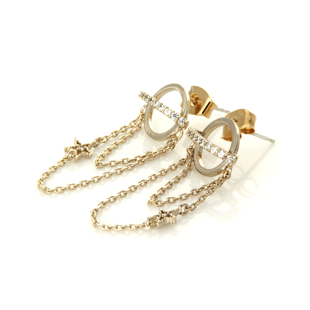 CZ Planet and Tiny Star Chain Drop Earrings
