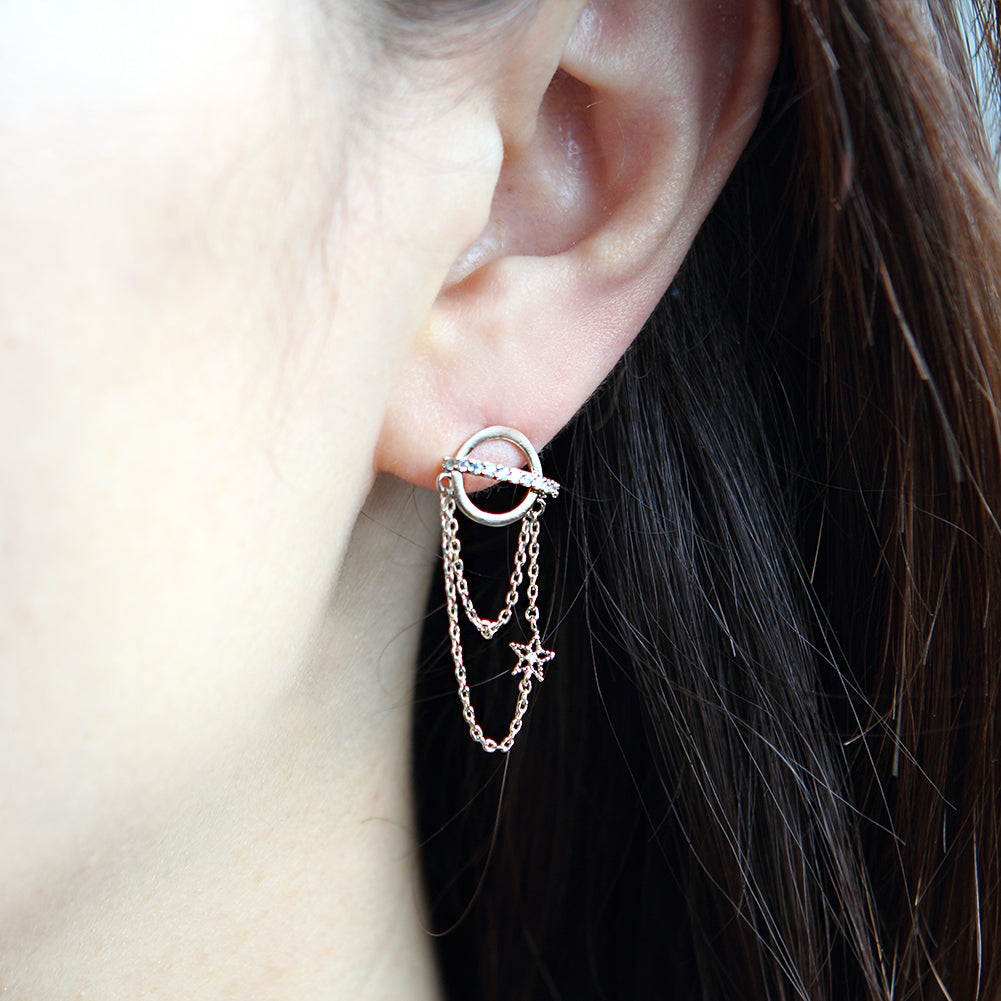 CZ Planet and Tiny Star Chain Drop Earrings