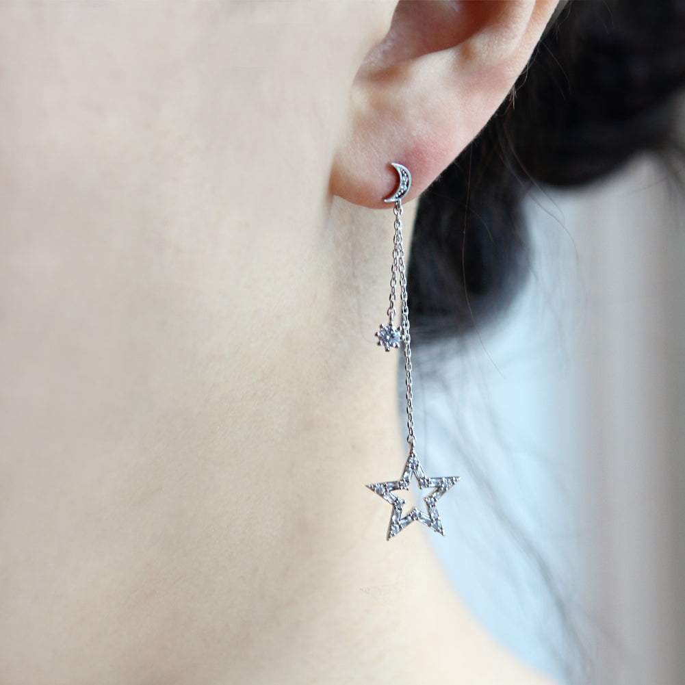 Tapered Baguette CZ Crescent Moon and Star Drop Earrings