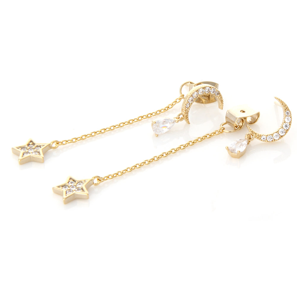 CZ Crescent Moon With Teardrop Crystal and Chain String Star Earrings