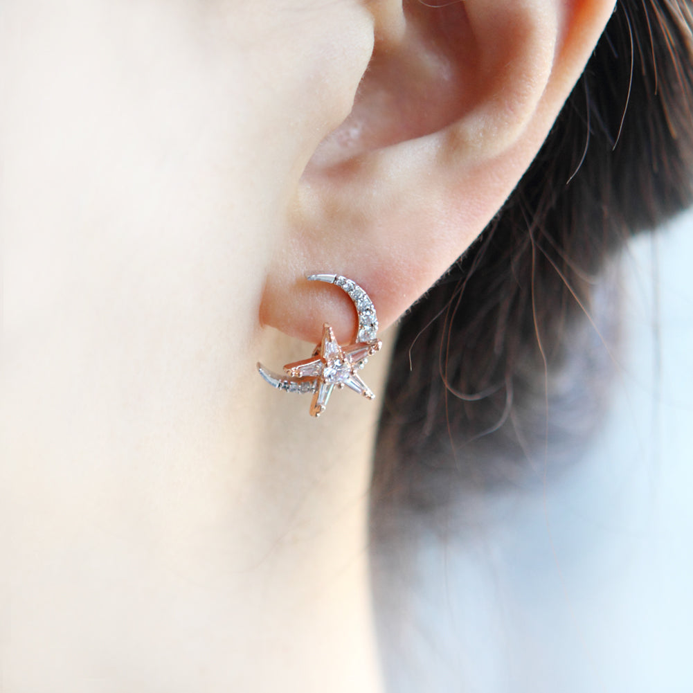 14K Gold Plated Two-Tone CZ Crescent Moon and Star Earrings for Women