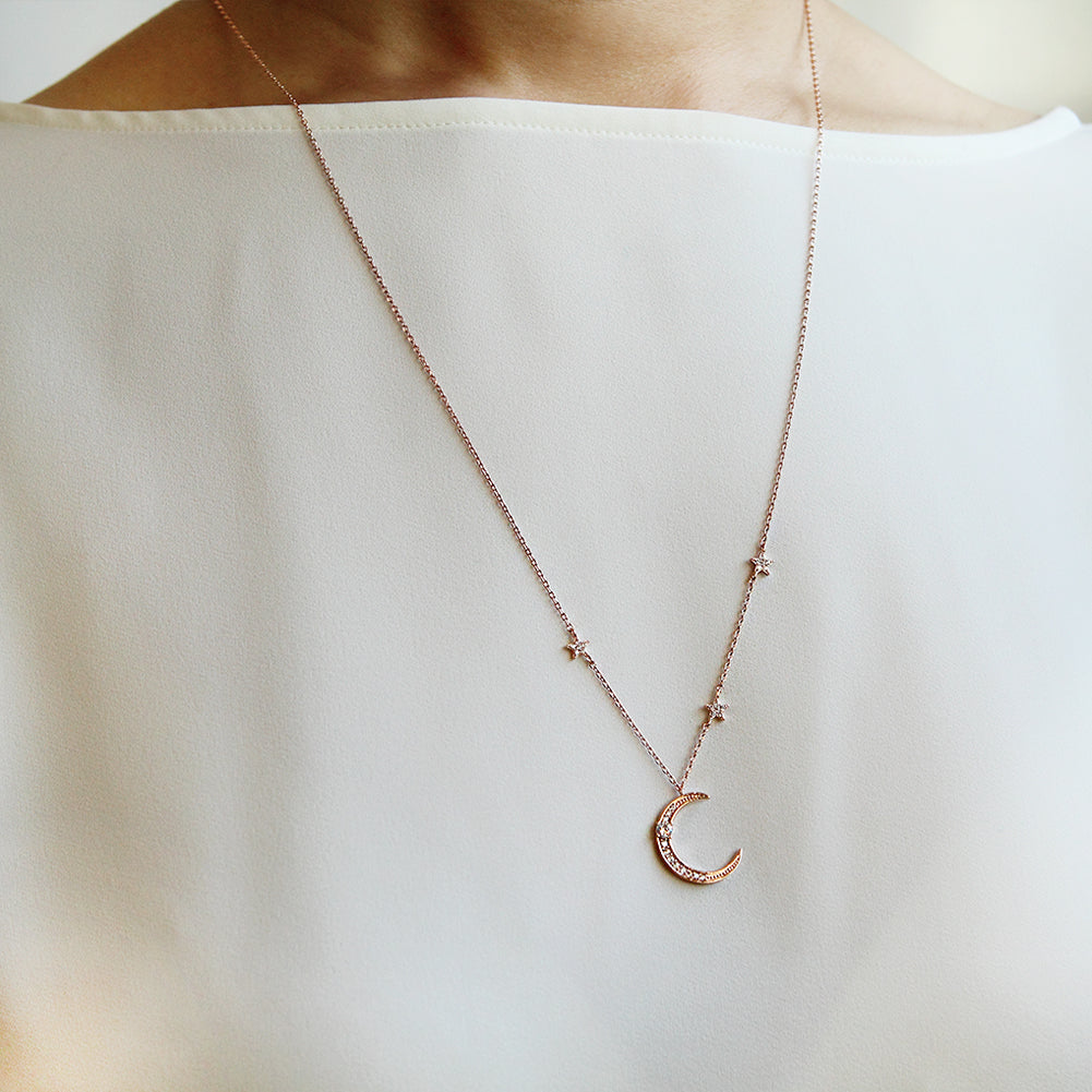 CZ Crescent Moon and Tiny Stars Pendant Long Necklace