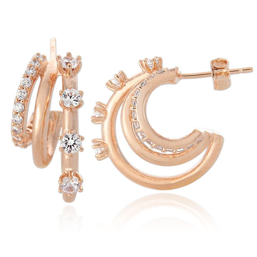 CZ Split Huggie Earrings | Triple Hoop Earrings