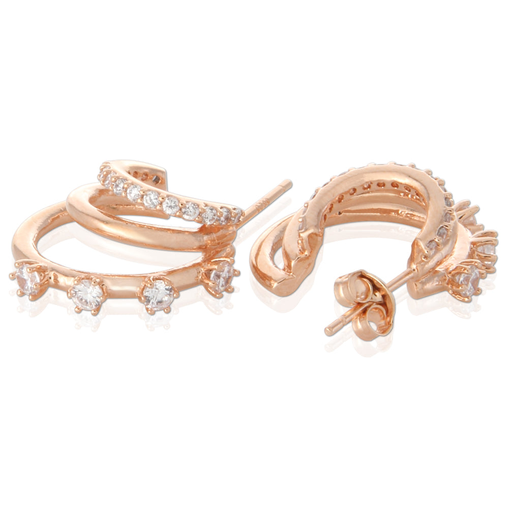 CZ Split Huggie Earrings | Triple Hoop Earrings