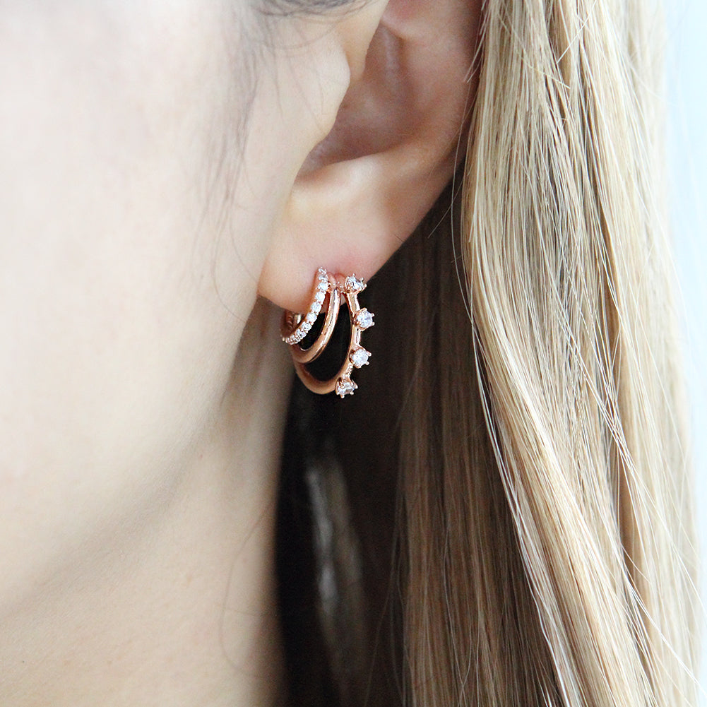 CZ Split Huggie Earrings | Triple Hoop Earrings