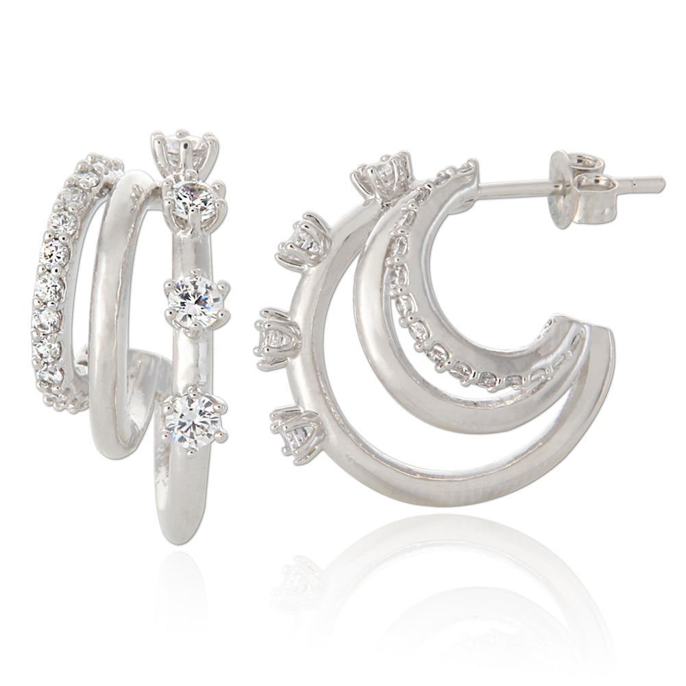 CZ Split Huggie Earrings | Triple Hoop Earrings