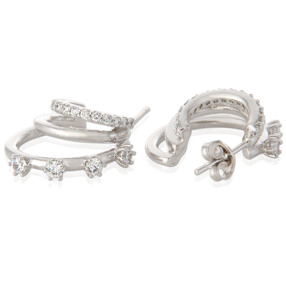 CZ Split Huggie Earrings | Triple Hoop Earrings