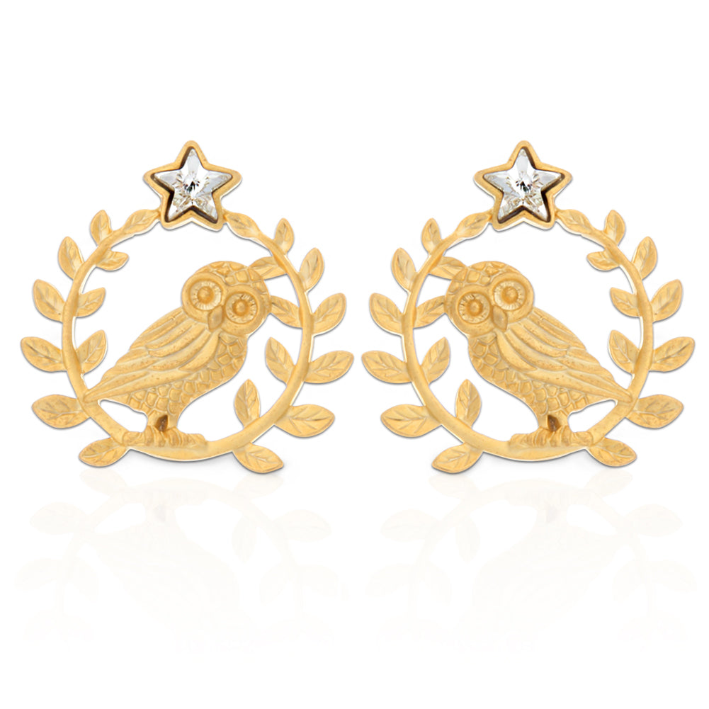 Leaves and Owl on a Twig Earrings Star Wise Owl Studs