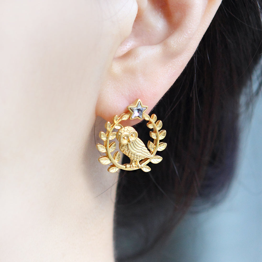 Leaves and Owl on a Twig Earrings Star Wise Owl Studs