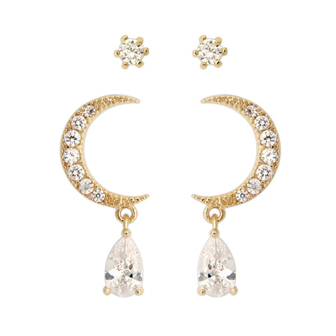 CZ Crescent Moon With Teardrop Crystal and Chain String Star Earrings