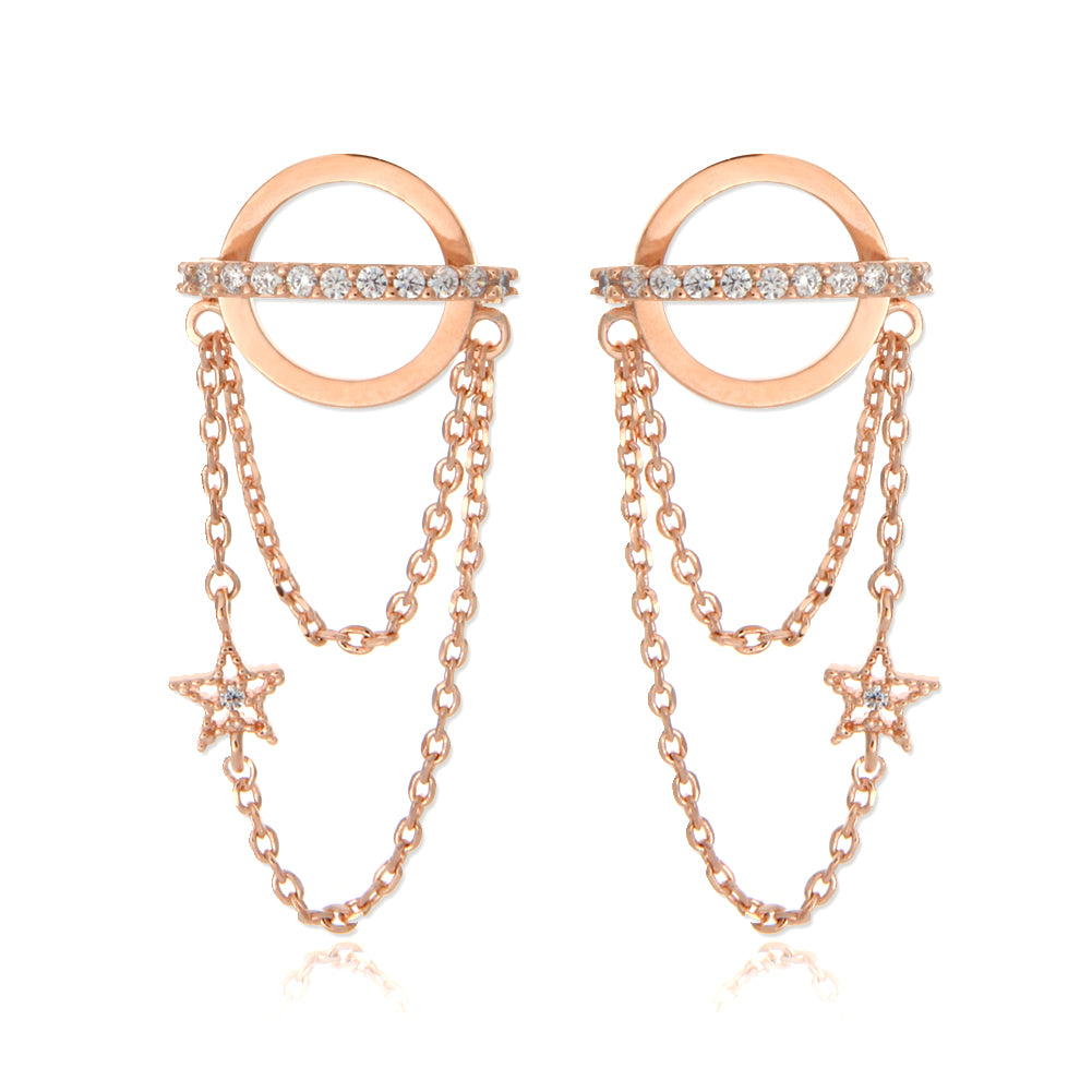 CZ Planet and Tiny Star Chain Drop Earrings