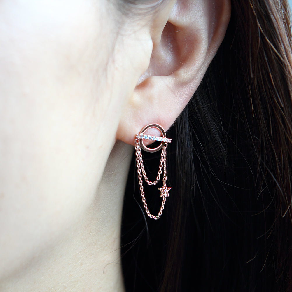 CZ Planet and Tiny Star Chain Drop Earrings