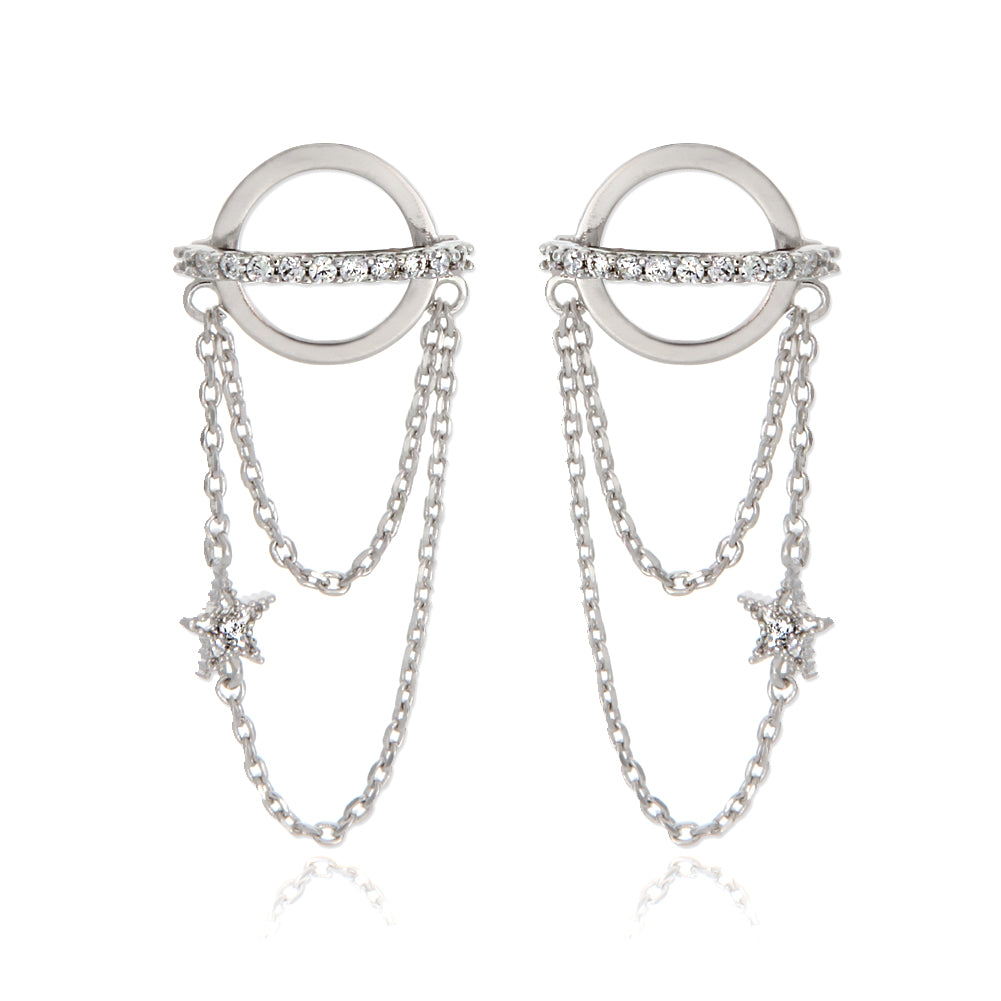 CZ Planet and Tiny Star Chain Drop Earrings