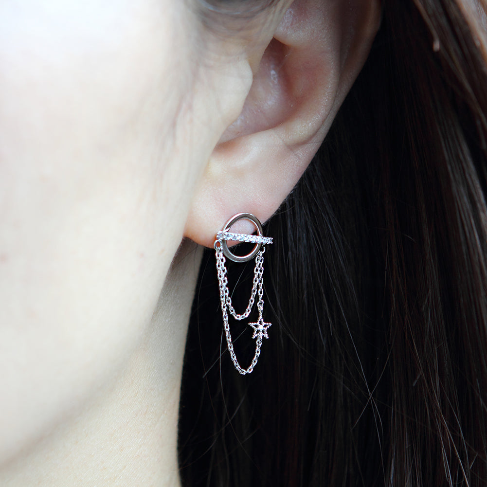 CZ Planet and Tiny Star Chain Drop Earrings