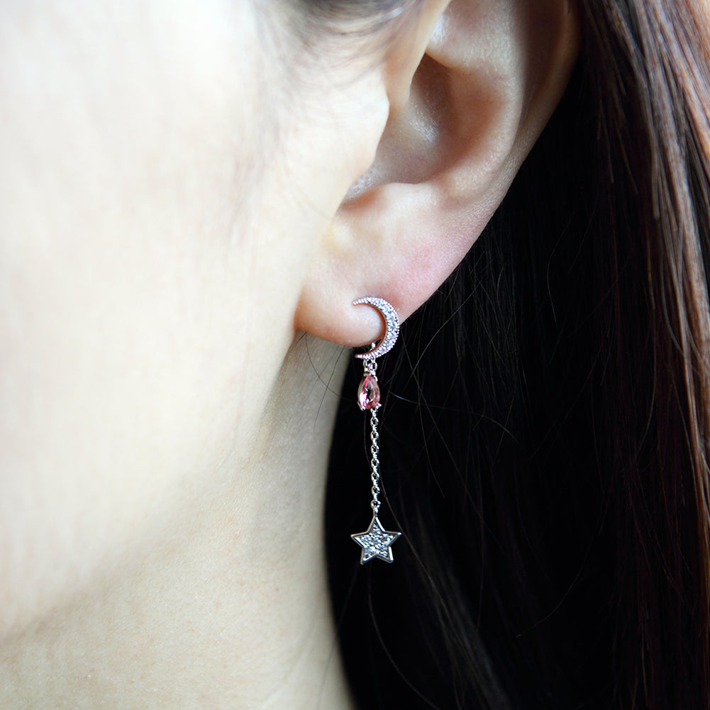 CZ Crescent Moon With Teardrop Crystal and Chain String Star Earrings