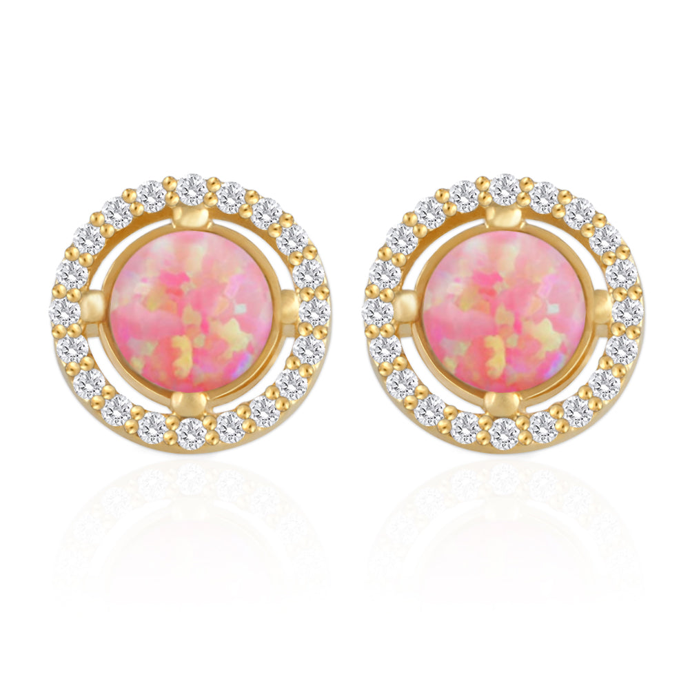 Round Created Opal and CZ Earrings 14K Gold Plated