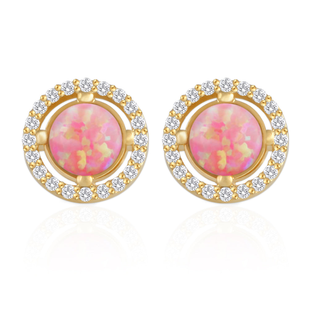 Round Created Opal and CZ Earrings 14K Gold Plated