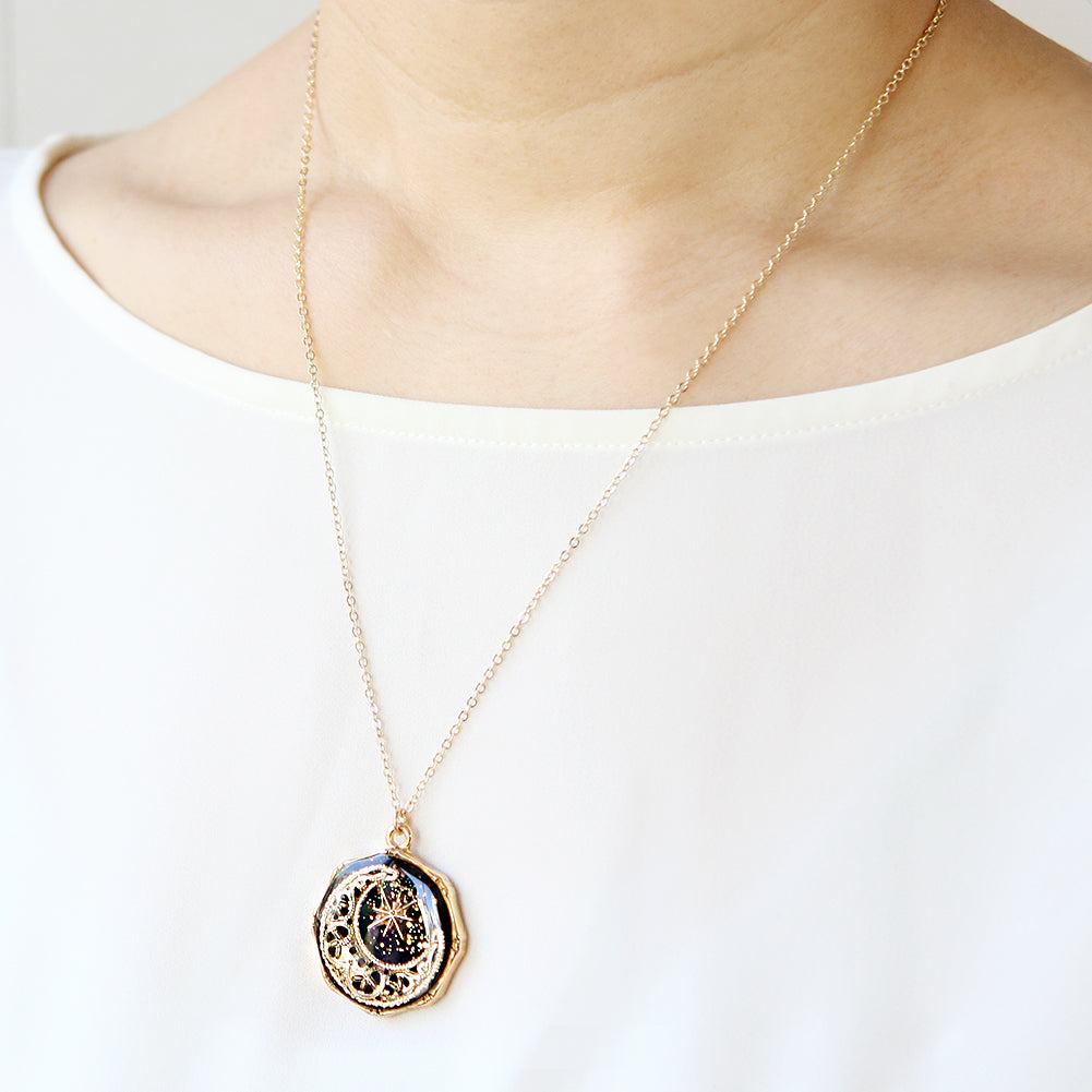 Epoxy Octagon Shape Crescent Moon and Star Necklace