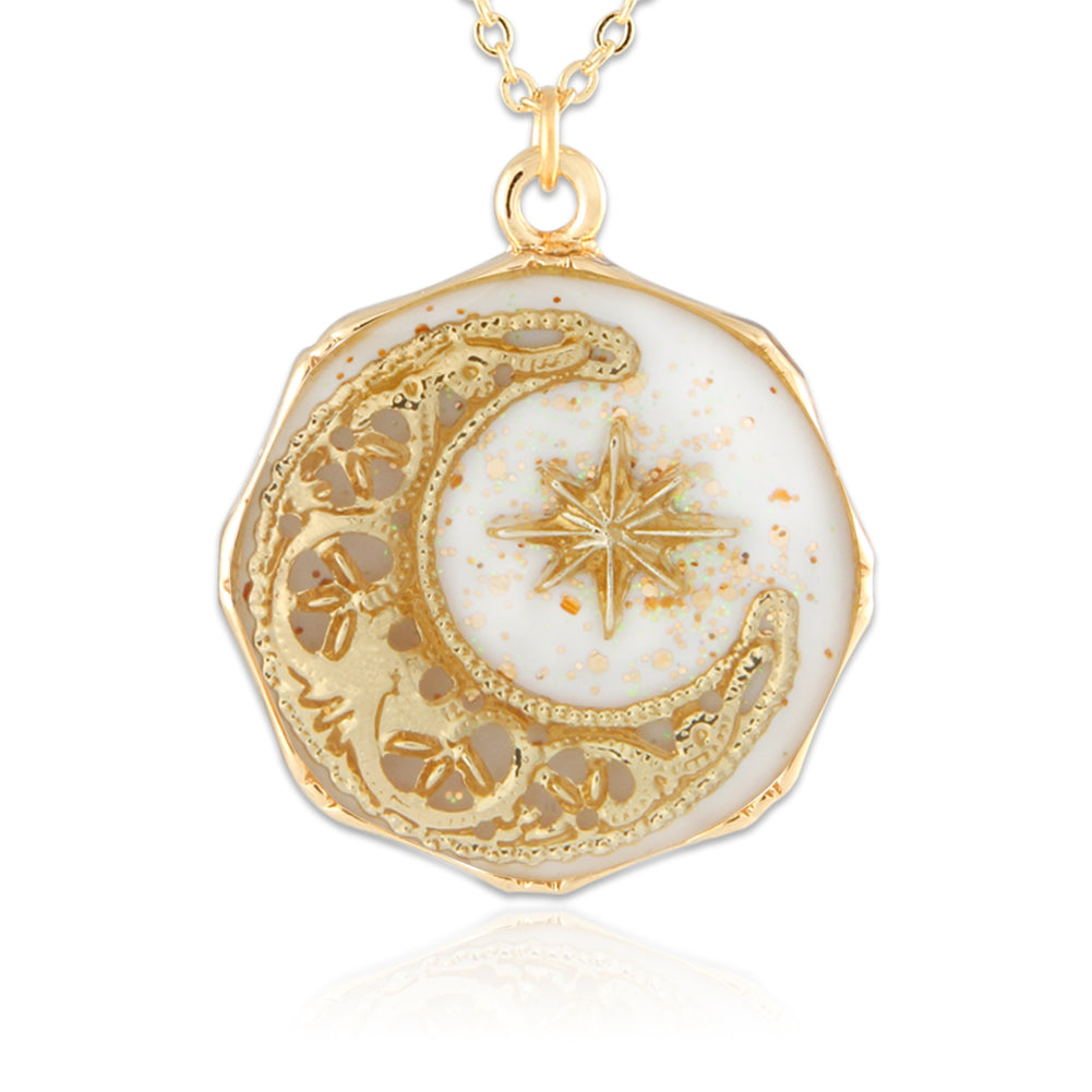 Epoxy Octagon Shape Crescent Moon and Star Necklace