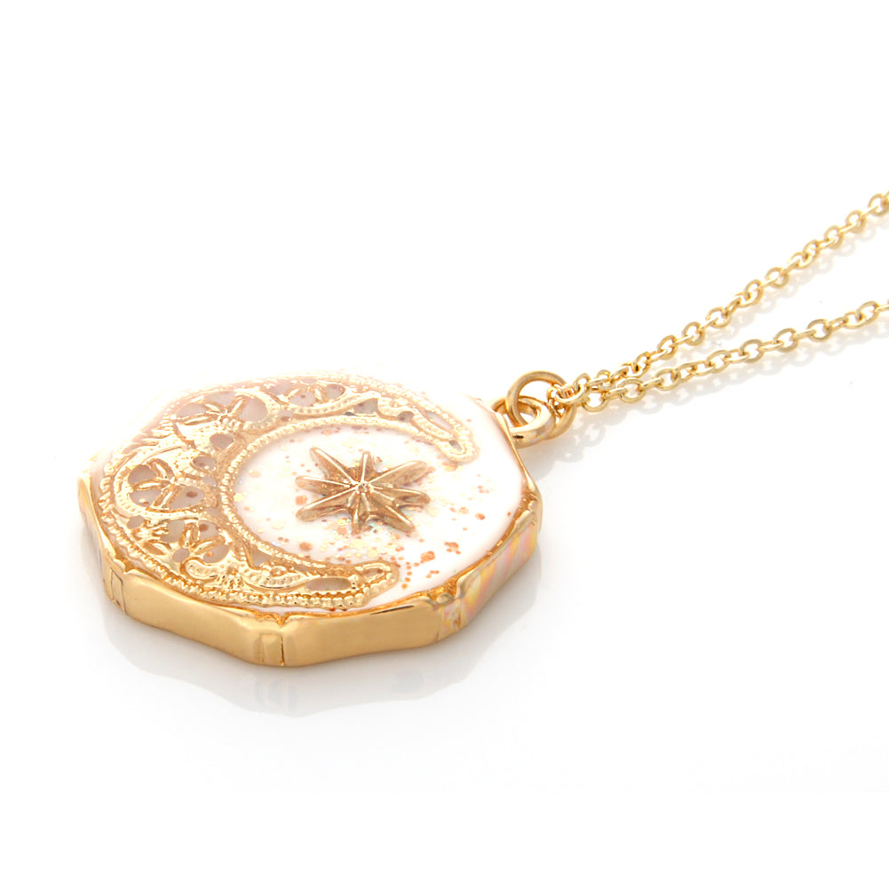 Epoxy Octagon Shape Crescent Moon and Star Necklace