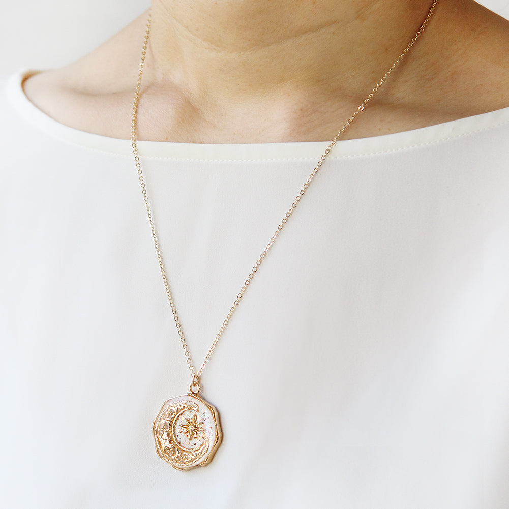 Epoxy Octagon Shape Crescent Moon and Star Necklace