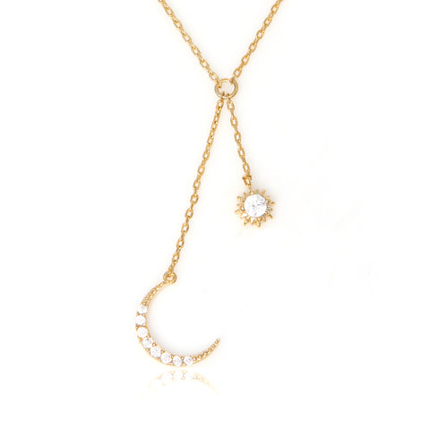 Epoxy Mother of Pearl 14K Gold Plated Crescent Moon and Star Necklace
