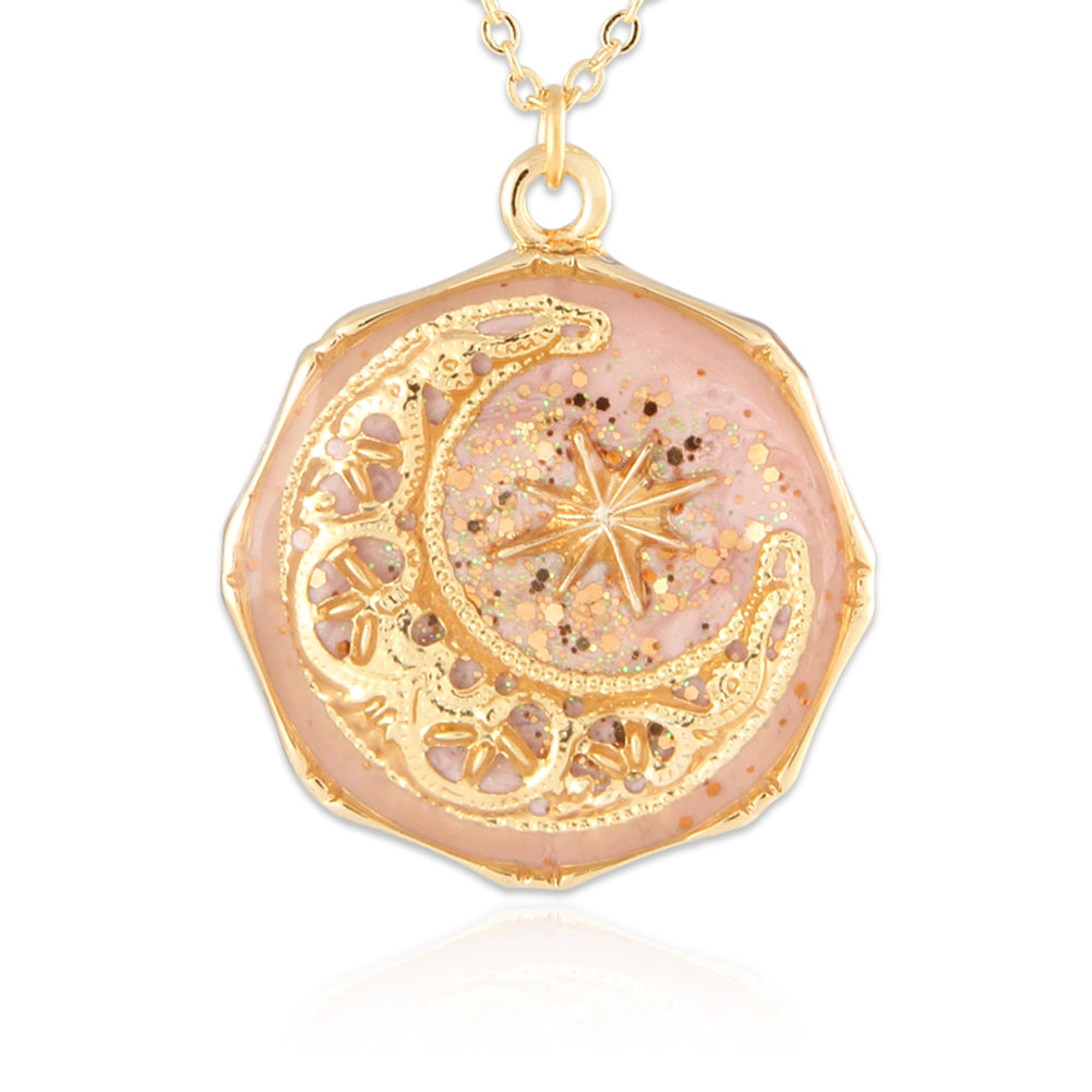 Epoxy Octagon Shape Crescent Moon and Star Necklace