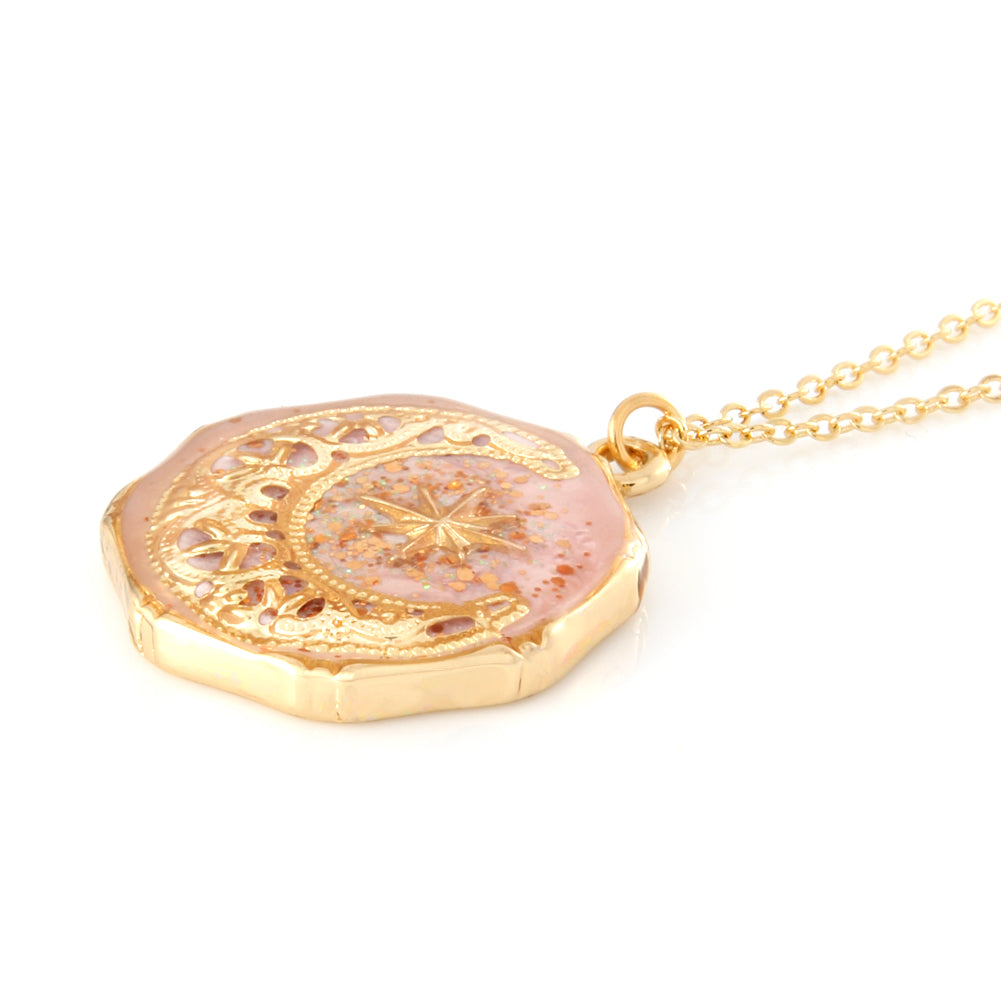 Epoxy Octagon Shape Crescent Moon and Star Necklace
