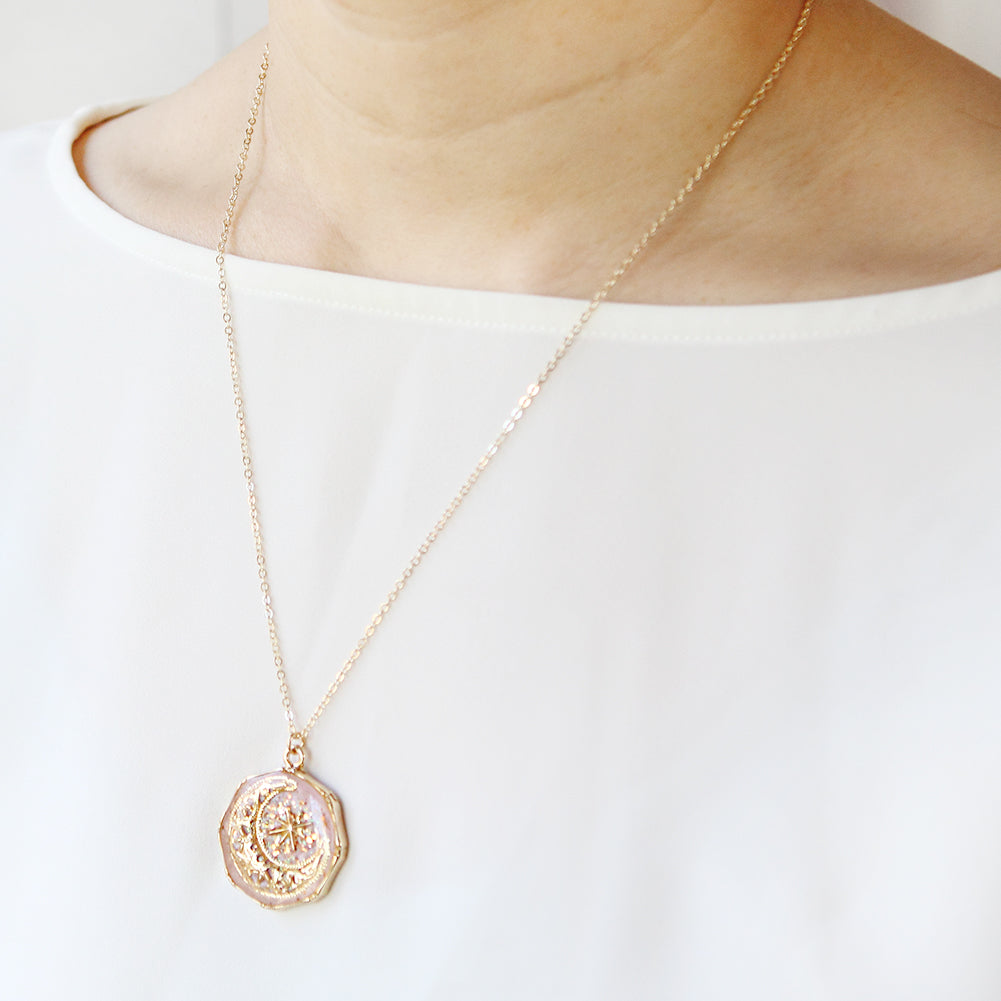 Epoxy Octagon Shape Crescent Moon and Star Necklace