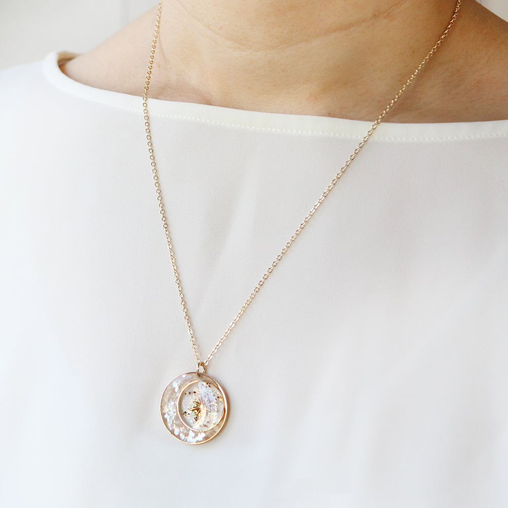 Epoxy Mother of Pearl 14K Gold Plated Crescent Moon and Star Necklace