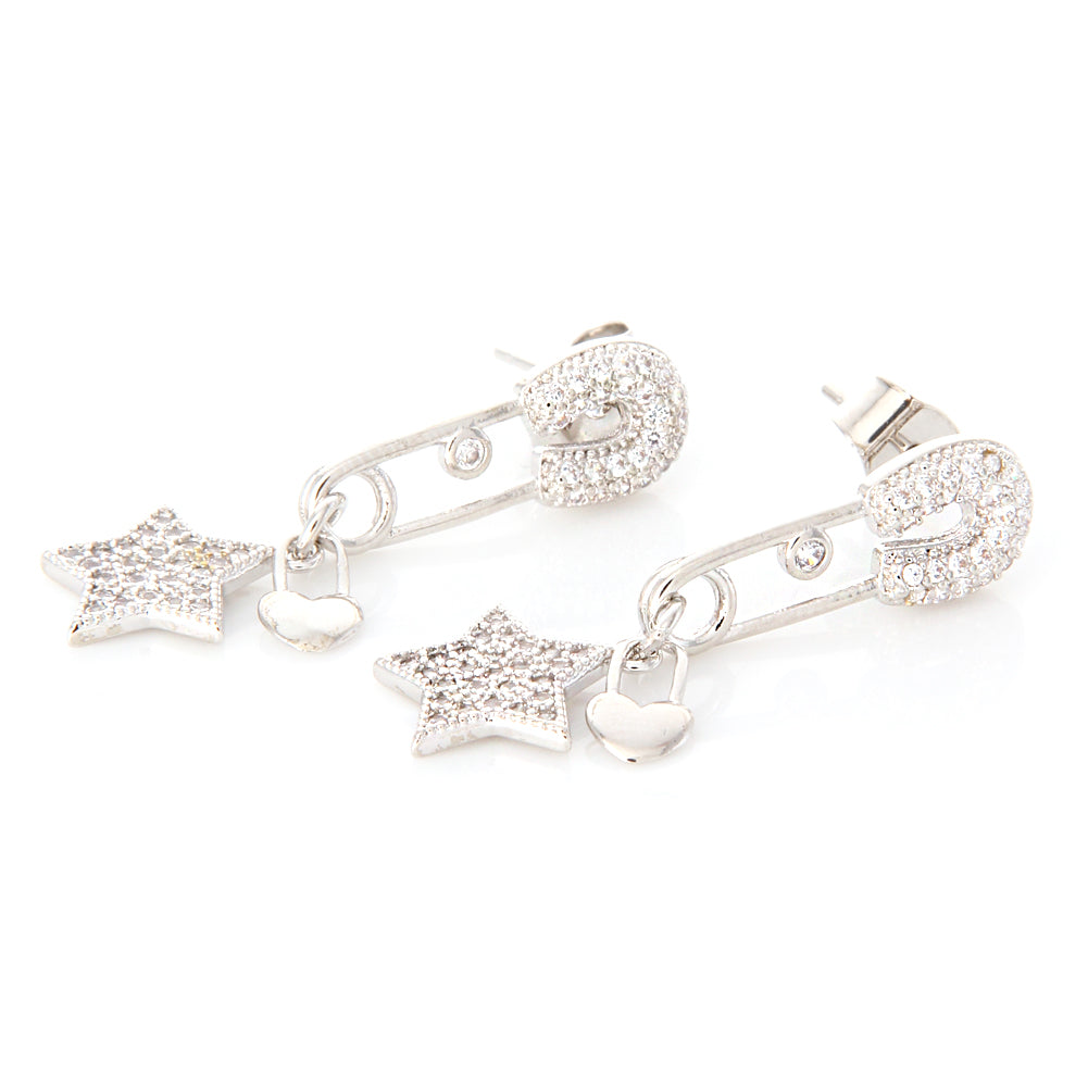 CZ Safety Pin and Star Heart Shape Lock Drop Earrings