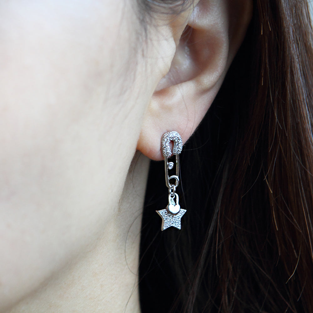 CZ Safety Pin and Star Heart Shape Lock Drop Earrings