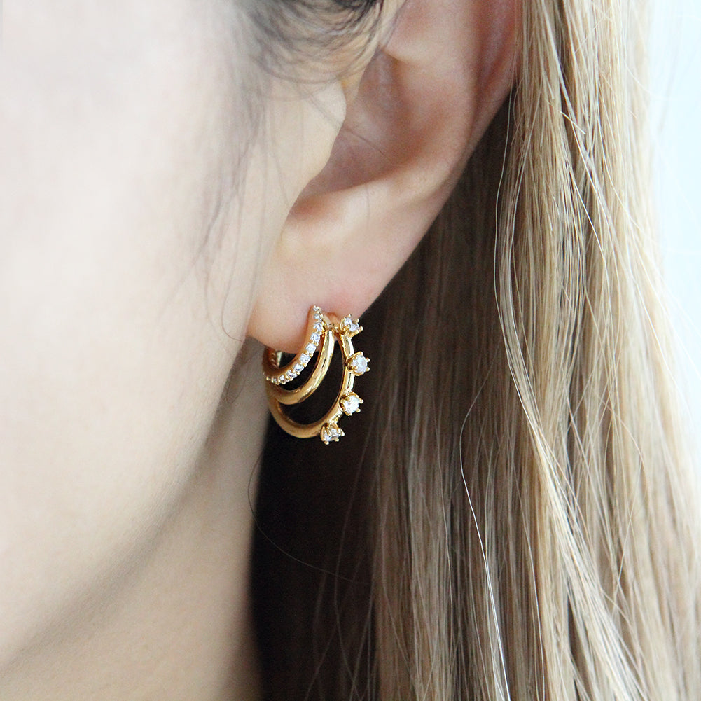 CZ Split Huggie Earrings | Triple Hoop Earrings