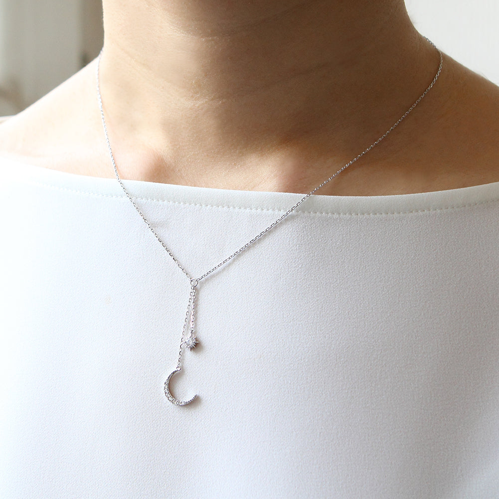 CZ Crescent Moon and Star Drop Necklace