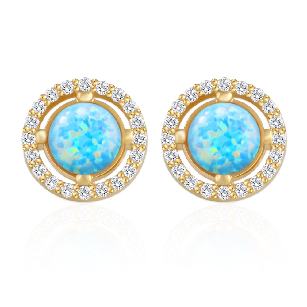 Round Created Opal and CZ Earrings 14K Gold Plated