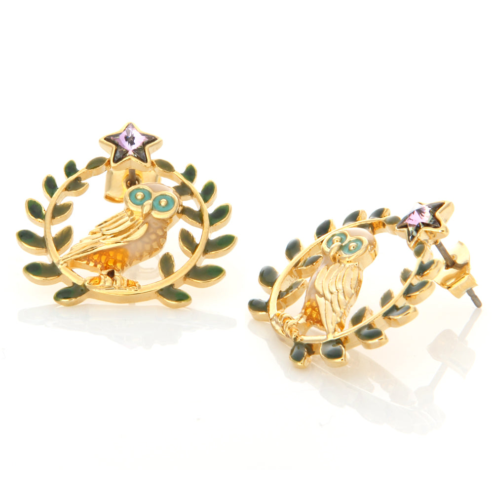 Leaves and Owl on a Twig Earrings Star Wise Owl Studs