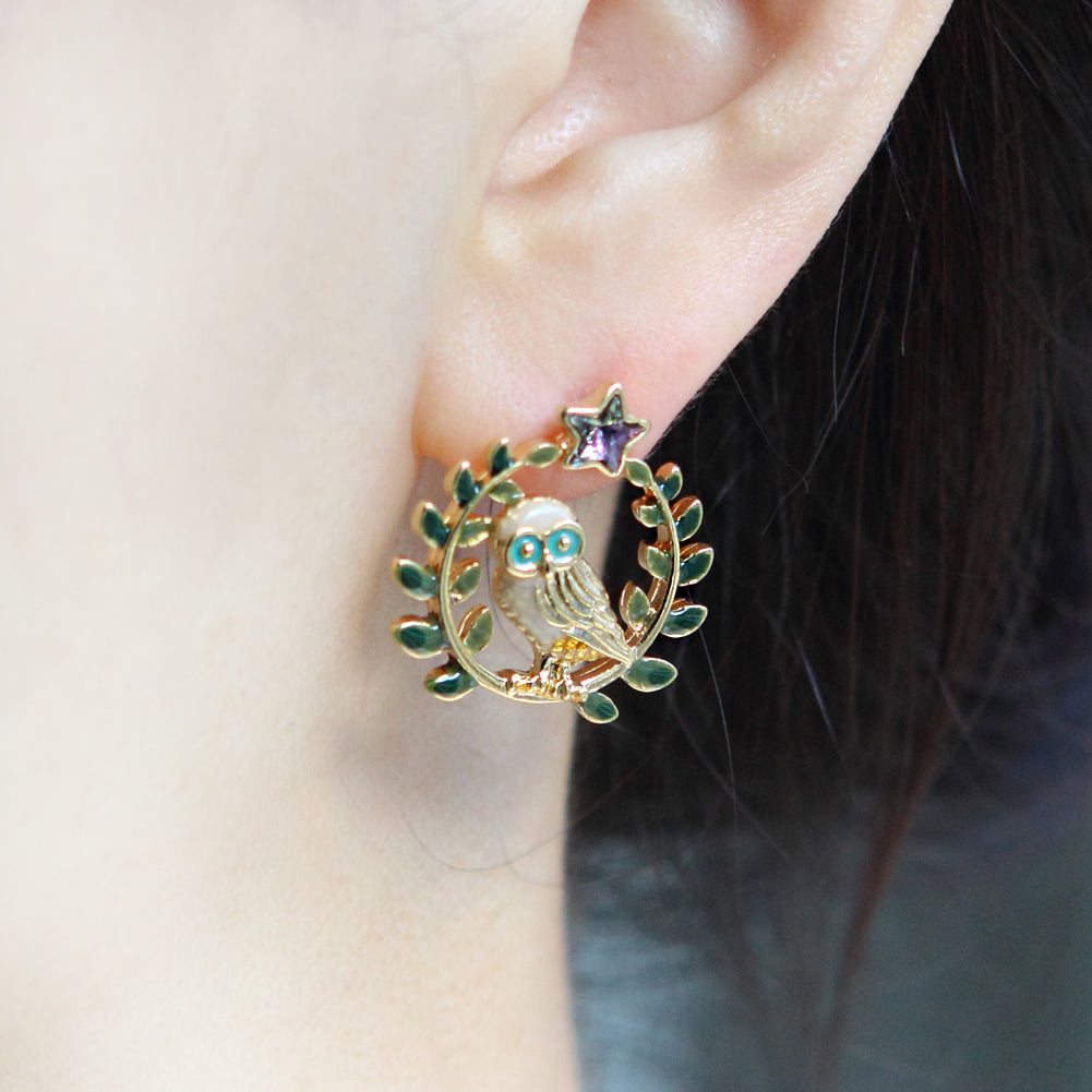Leaves and Owl on a Twig Earrings Star Wise Owl Studs