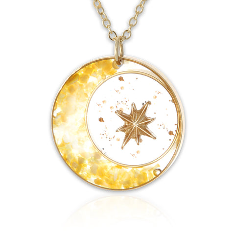 Epoxy Octagon Shape Crescent Moon and Star Necklace