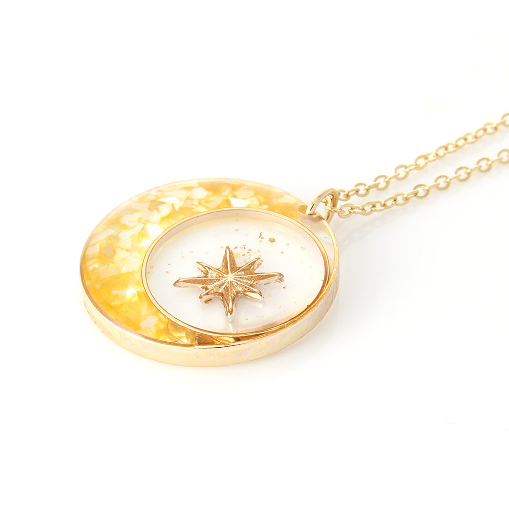 Epoxy Mother of Pearl 14K Gold Plated Crescent Moon and Star Necklace