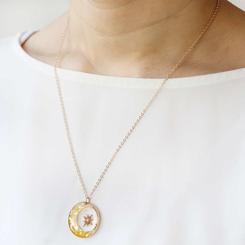 Epoxy Mother of Pearl 14K Gold Plated Crescent Moon and Star Necklace