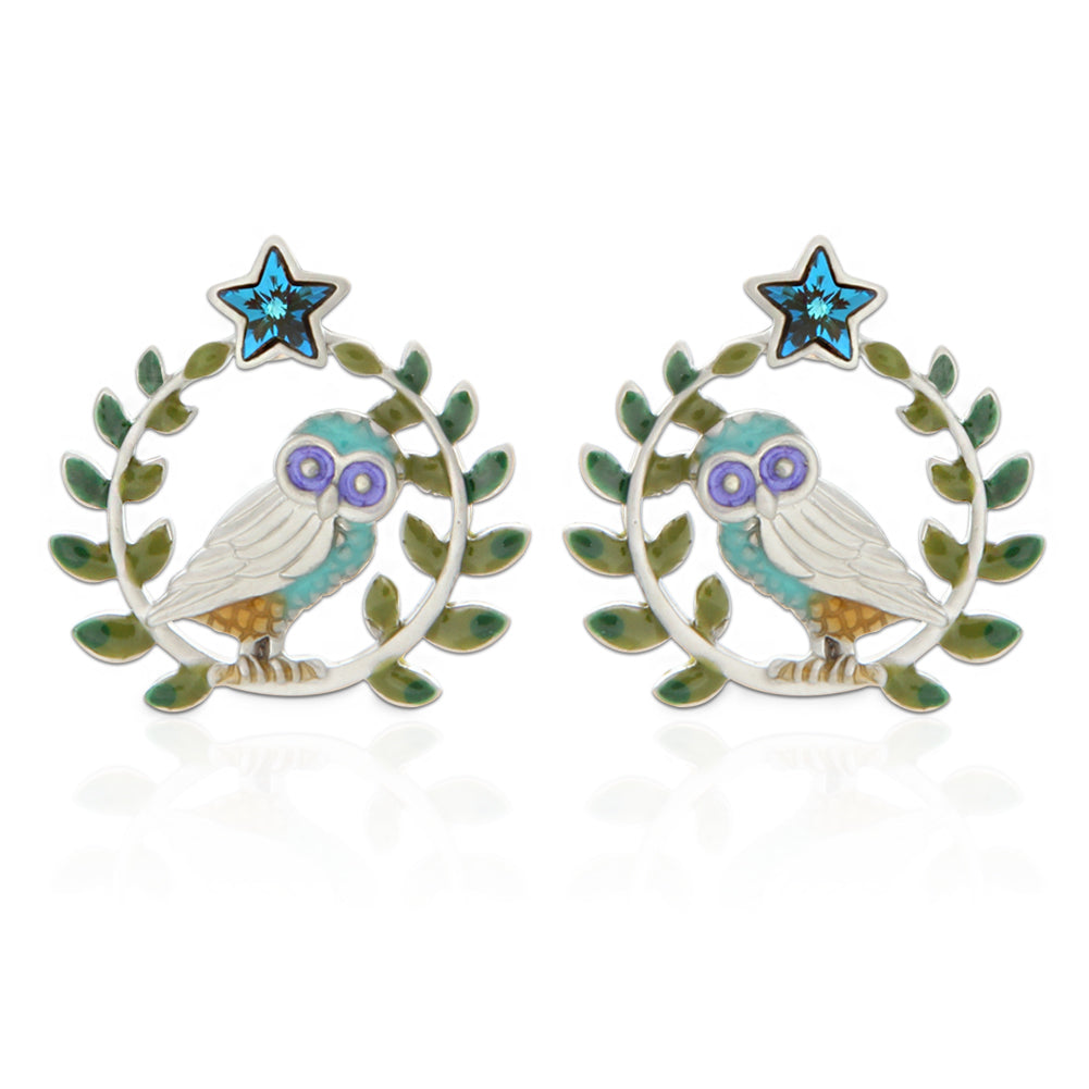 Leaves and Owl on a Twig Earrings Star Wise Owl Studs