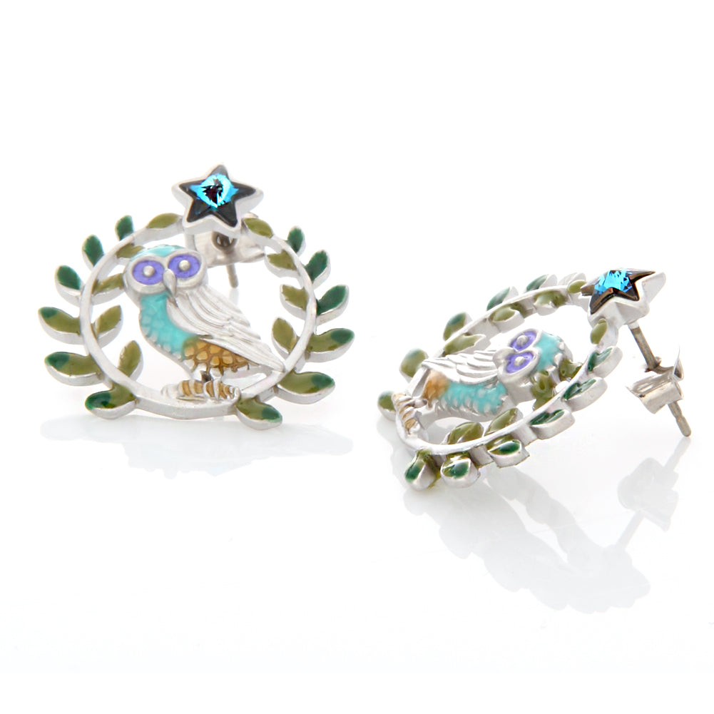 Leaves and Owl on a Twig Earrings Star Wise Owl Studs