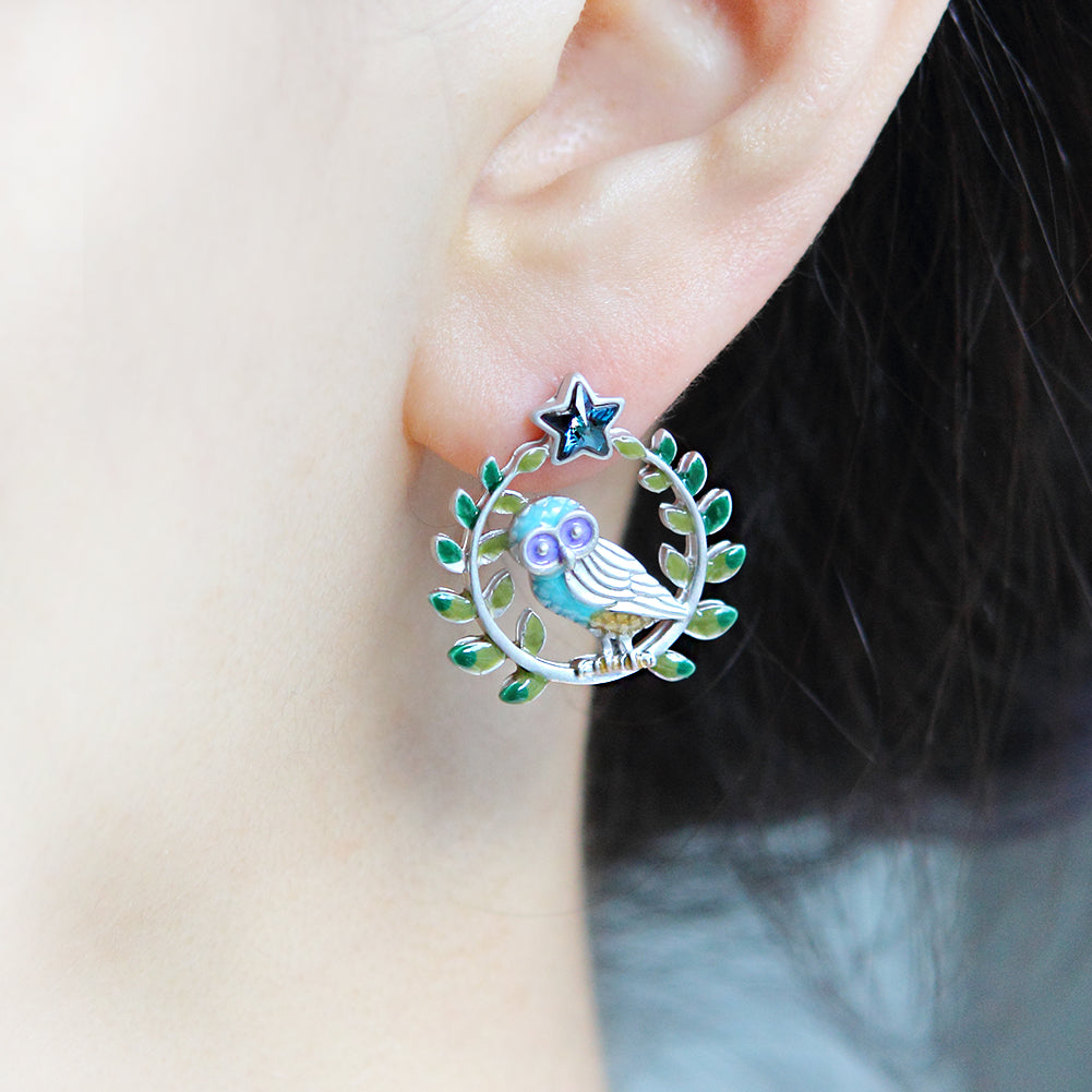 Leaves and Owl on a Twig Earrings Star Wise Owl Studs